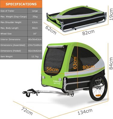 DOGGYHUT® Tobi - великий велопричіп для собак, 35 кг, зелений