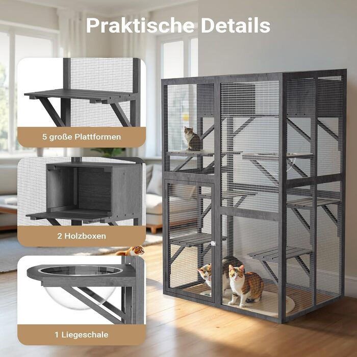 Вольтек (Wiltec) вольєр для котів 116 x 82 x 175,7 см, вольєр для котів з дерева з ПВХ-покриттям, 5 ярусів, для саду, балкону