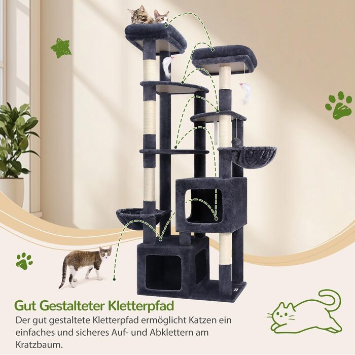 Драбина для котів Globlazer XXL (189 см) з великою печерею та платформами, 2 лежаками, 2 кошиками, стабільна конструкція, темно-сірий