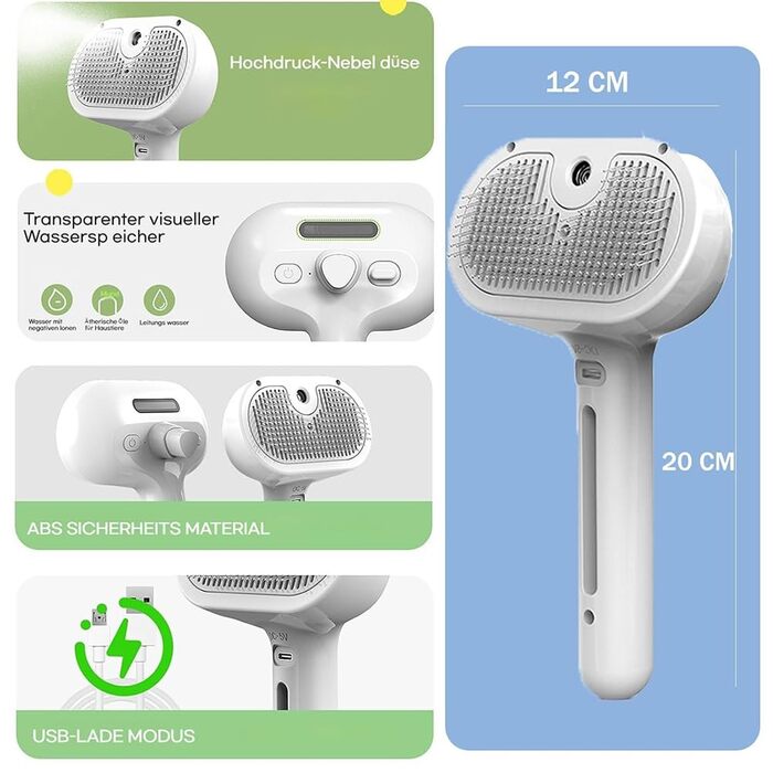 Фурмінатор Fellmoment 3-в-1: Парова щітка для тварин, для собак та котів, самоочисна, з функцією спрею (зелена з блакитним світлом)