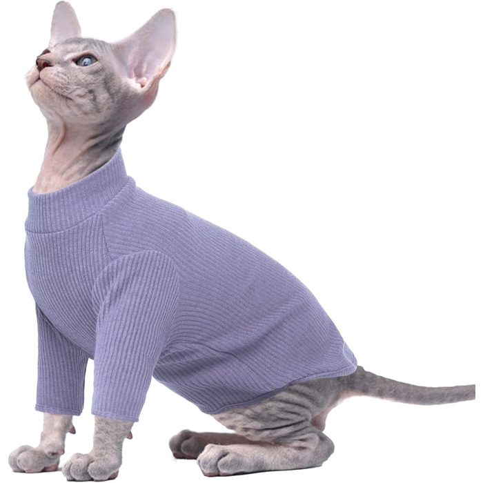 Одяг для Sphynx (безшерсті) котів: м'який пуловер, футболка з круговим вирізом, жилетка. Бавовна, дихаючий матеріал. (Чорний, S, A-фіолетовий)