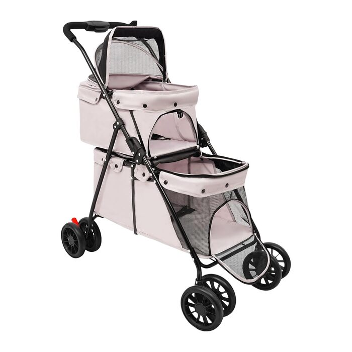 Двоповерховий візок для собак, складаний візок для котів з ременями безпеки, гальмами, вантажопідйомність до 15 кг на кожному поверсі, для собак та котів середніх та малих порід, сірий