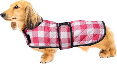 Водонепроникний собачий плащ Geyecete для такс, зимовий, з флісовою підкладкою, регульований, для вулиці, розмір M (довжина спини 42-45 см), в клітинку, рожевий
