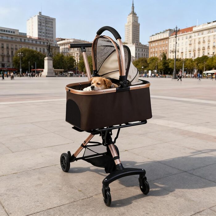 Візок для собак 3 в 1, складаний, для маленьких собак та котів, знімний кошик, візок-стільчик для дітей, сітка, оксфордська тканина, до 20 кг (Темно-зелений) (Кавово-коричневий)