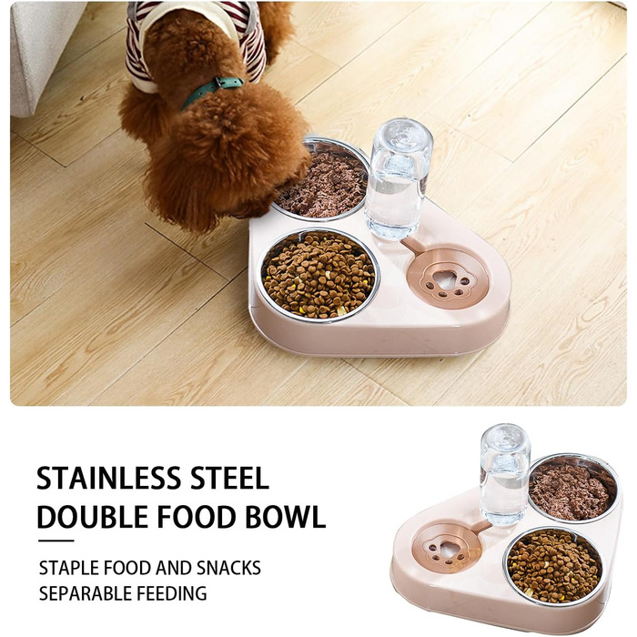 Миска для кота з нержавіючої сталі 3 в 1 з автоматичним дозатором води, подвійна миска для котів та собак (рожева)