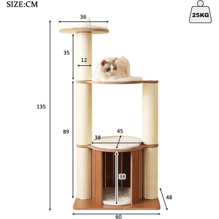 Кігтеточка для котів CareCooo 135 см з товстими стійкими стовпчиками, з будиночком, захистом від перекидання, з сизалю, водонепроникна, для великих котів, коричнево-біла