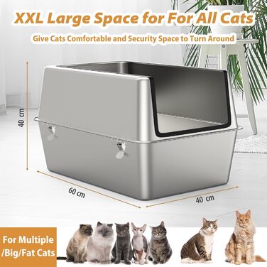 Котячий туалет з нержавіючої сталі з кришкою XXL, велика металева лоток для котів з високими бортами, з лопаткою, двошаровим килимком і педаллю