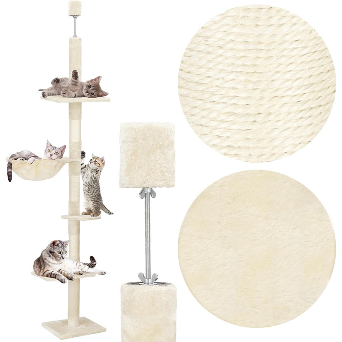 Котячий комплекс SPRINGOS з дряпалкою, лежаком та регульованою висотою 245-260 см, кремовий