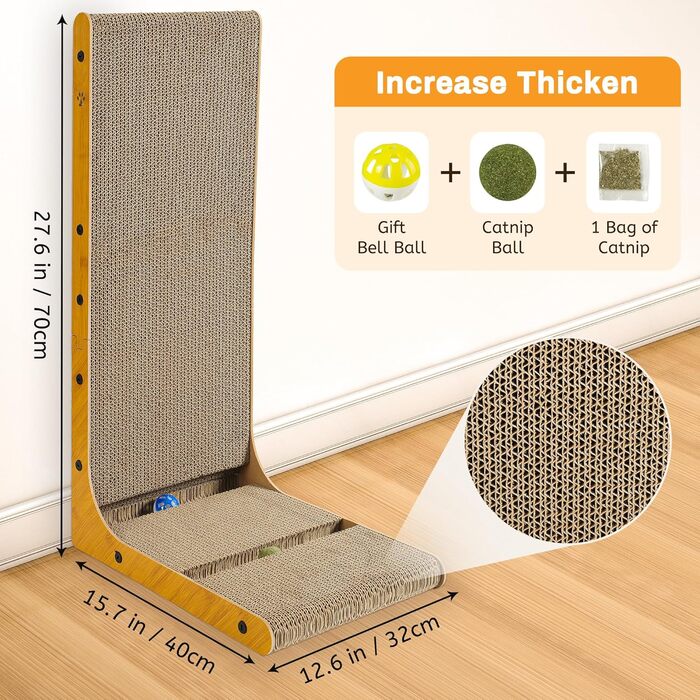 Кігтеточка для котів, 70 см, L-подібна конструкція, з іграшками, щільне гофрокартон, для захисту стін та диванів