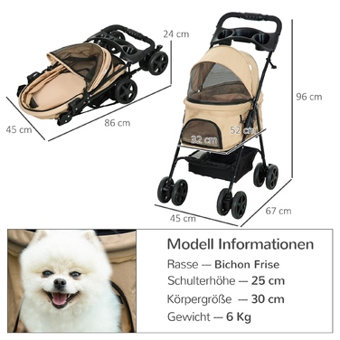 PawHut Dog Cart Dog Buggy Folding Function Коляска для маленьких собак Кішки Візок для домашніх тварин Oxford Khaki 67x45x96см