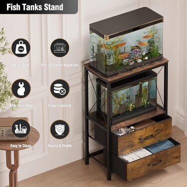 Стійка для акваріума 38л з 2 шухлядами, полиця для акваріума 40л, для рибок, черепах та рептилій, двоярусний столик під акваріум, коричневий рустикальний