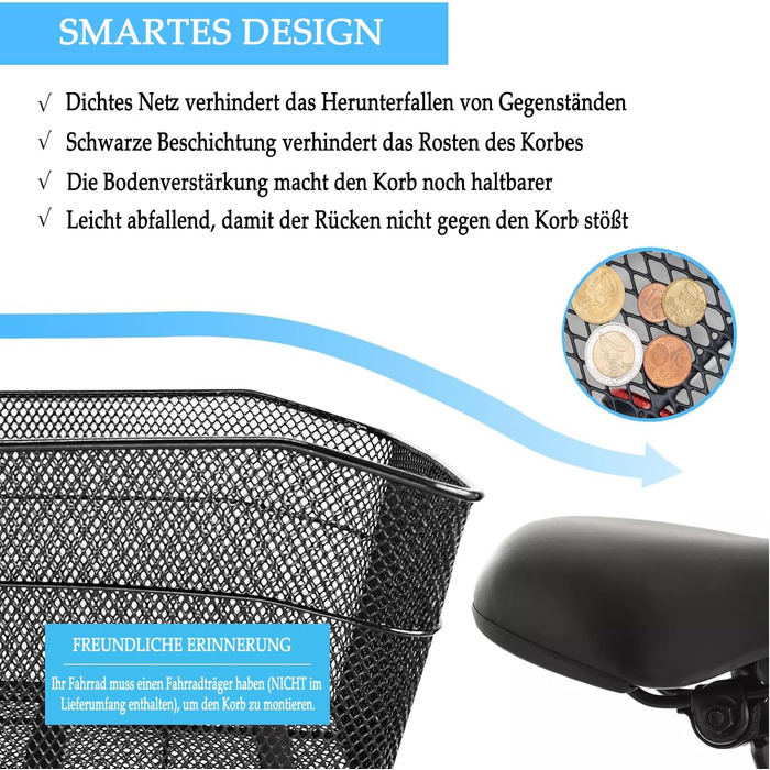 Металевий велосипедний кошик заднього кріплення BINOTHINK – великий, стабільний, з аксесуарами для встановлення. Підходить для собак, покупок, пікніків та шкільних рюкзаків.