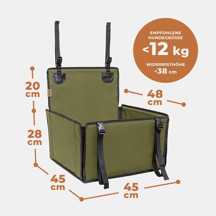 Автокрісло для собак WUGLO Extra Stabiler - надійне автокрісло для малих та середніх собак з 4 ременями кріплення, водонепроникне, колір хакі