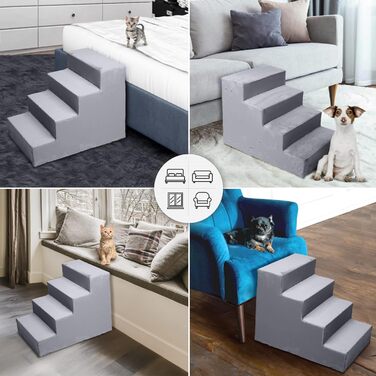 Сходинка для собак Mg Design з 4 ступенями сірого кольору – стабільна дерев'яна рамка, захищає суглоби, легка та мобільна, для диванів та ліжок, для собак та котів. Розміри: 57 x 40.5 x 45 см