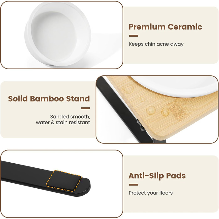 Набір мисок для котів PETTOM Anti-Schling з кераміки: піднята миска з нахилом 15°, бамбукова підставка, протиковзаюча, для вологого та сухого корму