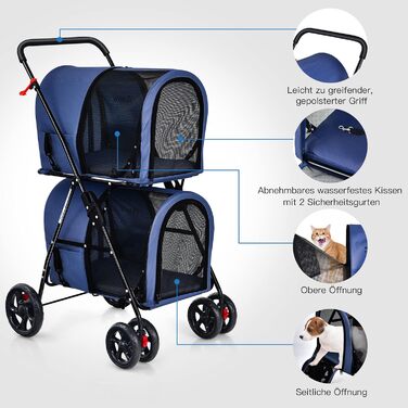 Візок для тварин GOPLUS 2-в-1: для кота та собаки, з відкидною конструкцією, 2 гальма, знімні кишені, блакитний
