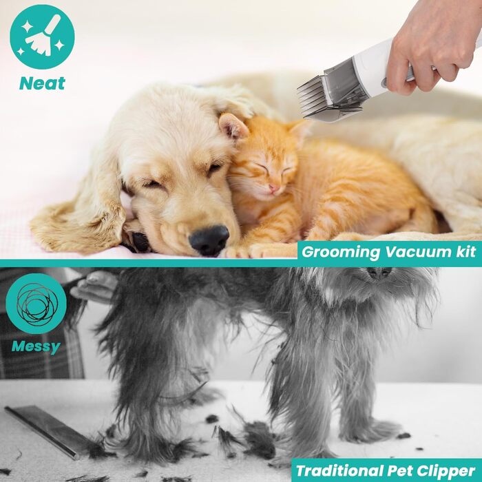 Набір для догляду за собаками з вакуумом та машинкою для стрижки - 13000Pa, 7-в-1 професійний набір для видалення шерсті, тихий, 1л контейнер для сміття, включає шліфувальник для нігтів (для котів/собак)