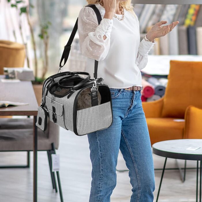 Чорна переносна сумка-переноска для собак і котів до 4,5 кг, з розширенням, PU-шкіра, для подорожей, з кишенею для аксесуарів