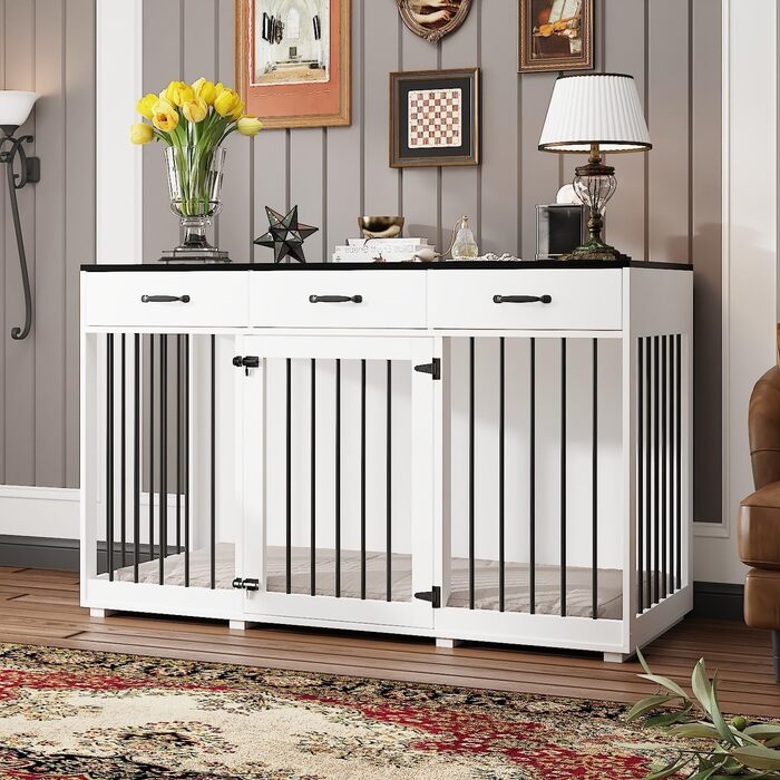 Елегантна собача будка-переноска XXL з шухлядами 137x57x85 см – чорно-біла меблі для собак