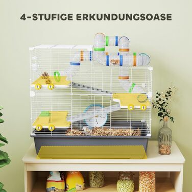 Клітка для хом'яків PawHut 4-ярусна з аксесуарами: колесо, годівниця, тунель, хатинка. Розмір 78x45x73 см, сіра