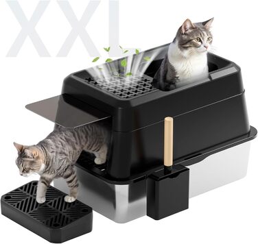 FRETONBA туалет для котів з нержавіючої сталі XXL, 26 л, високі стінки, герметичний, легке очищення, з кришкою, педаллю та лопаткою, чорний