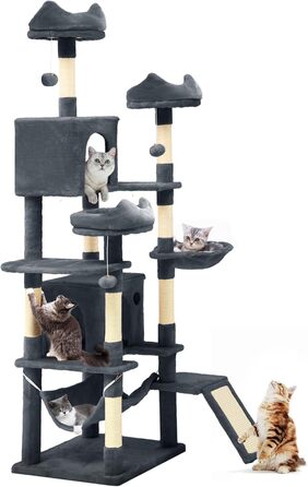 Кігтеточка YITAHOME 190 см, багатоярусна, з сизалю, з гамаком та лежаками, сіра – центр активності для котів