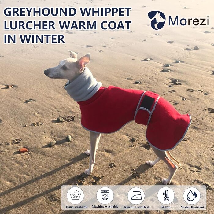 Зимовий одяг для собак Morezi: теплий флісовий жилет для Вундеркінів, Лурчерів та Грейхаундів, з світловідбиваючими смугами, регульований ремінь, червоний, розмір S (довжина спини 51-53 см)
