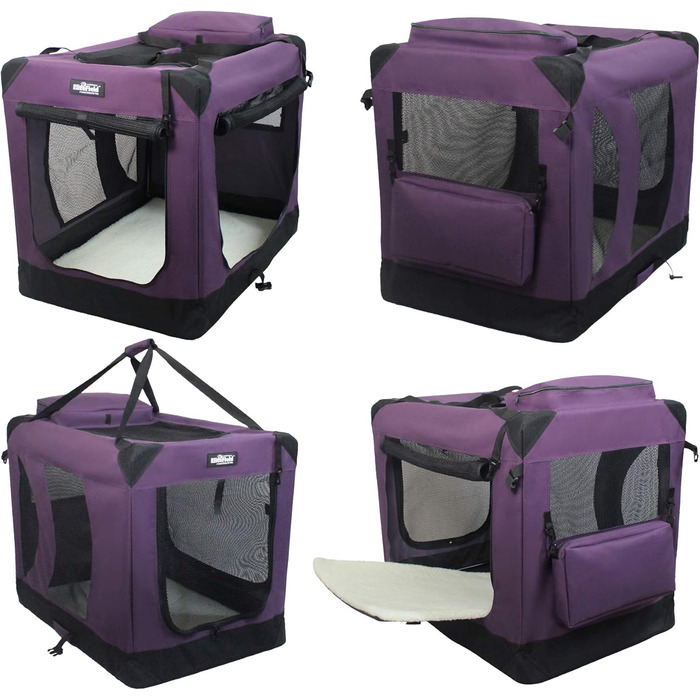 Транспортна переноска для собак EliteField, складана з 3 дверцятами, м'яка, з сумкою та флісовою підстилкою, для дому та вулиці, 50.8 x 35.6 x 35.6 см, фіолетовий