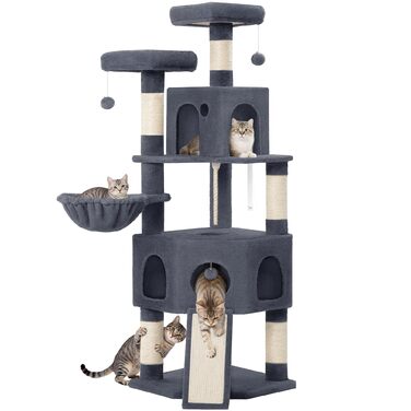 Кігтеточка для котів Hzuaneri, 174 см, XL, 2 платформи, 2 печери, 4 стовпчики, дошка для заточування кігтів, мотузка з сизалю, плюшеві кульки, для багатокотових сімей, MS17418LG (Темно-сірий)