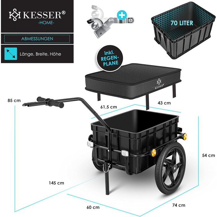 Причіп для велосипеда KESSER®: вантажний, ручний, з кутом висоти, об'єм 70 літрів (2 ящики для пива), чорний