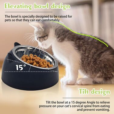 Набори мисок для котів Hamiledyi з підняттям, 4 шт., 15° нахил, нержавіюча сталь, анти-блювотна, не протікає, для кошенят, дорослих котів та кроликів (чорний + білий, 200 мл)