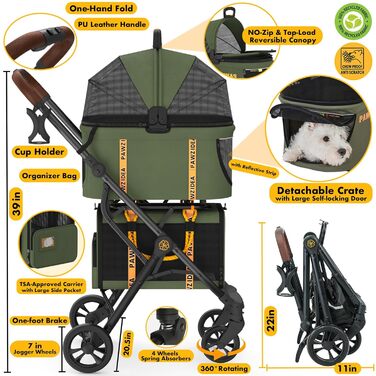 Дитяча коляска для тварин PAWZIDEA з двома знімними підносами, переносна клітка для собак та котів, розширювана сумка-переноска, складна легка коляска для 2-4 тварин