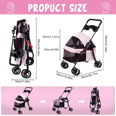 Візок для собак 2 в 1, будівельник для собак до 20 кг, 4 пари коліс 360°, візок для собак/кішок/дітей з тримачем для напоїв, складний візок для маленьких/середніх собак та котів (Рожевий)