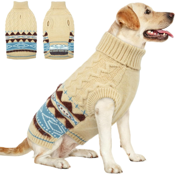 Вогняний ролкроген-светр для зими, м'який візерунок Fair-Isle, одяг для домашніх тварин без бокових ніжок, для повідка – підходить для собак маленьких, середніх та великих порід, розмір XXL (XX-Large, світло-бежевий)