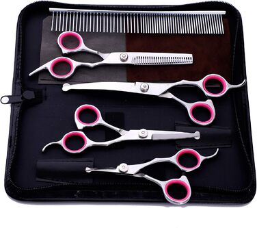 Набір професійних ножиць для грумінгу собак 9CR Edelstahl з безпечними закругленими кінчиками, тример для собак, котів та інших домашніх тварин, для стрижки, вирівнювання та проріджування шерсті, гребінець (рожевий)