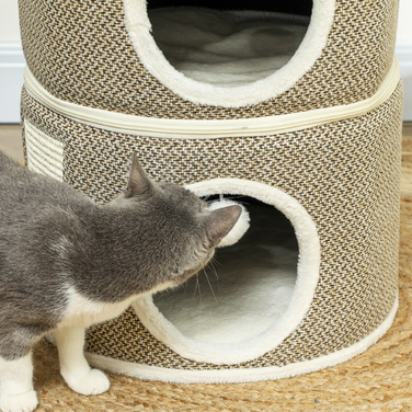 Бочка для подряпин PawHut, висота 56 см Бочка для кішок з печерою, кігтеточка, котяча вежа з сизалю, для котів до 5 кг, темно-сіра | Аосом