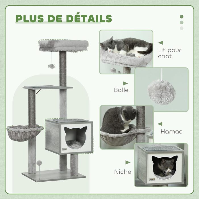 Дерев'яний комплекс для котів PawHut з гамаком, корзиною та подушками, 126 см, сіра колірна гама