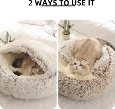Кругла лежанка-будиночок для котів та собак, м'який плюш, з капюшоном, 60x60 см, колір кавовий