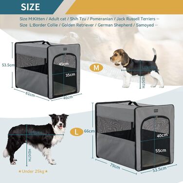 Складана переноска для собак Petsfit з плюшевим матрацом 3 см, портативний контейнер для середніх собак, для подорожей, сірий, розмір M 61x46x53.5 см