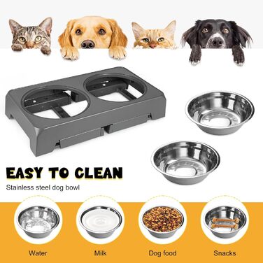 Підвищений годівниця для собак та котів, 2-в-1, 4 регульовані висоти, підставка Anti-Slip з нержавіючою чашею, сірий, 44 x 24 x 8 см