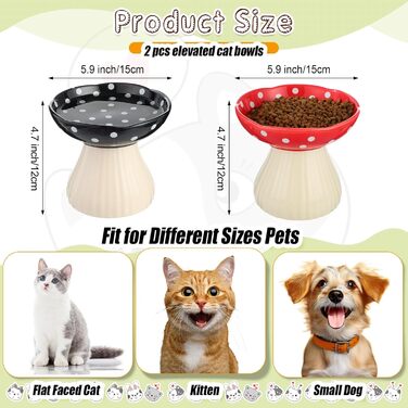 Підвищений годівниця для котів Teenyyou з кераміки, 2 шт. – годівниця для котів з вусами, широка годівниця для корму та води (червоний, чорний)
