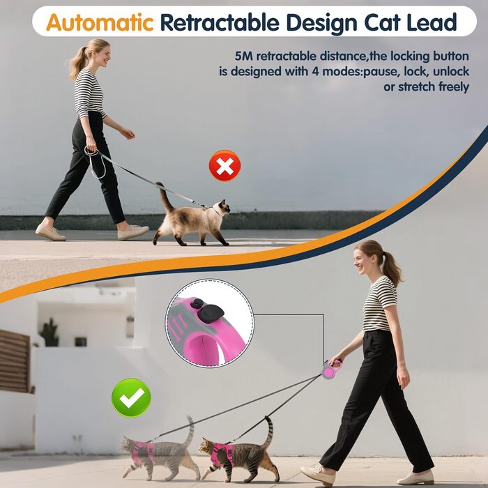 Катячий сміх з повідком, автоматичний котячий поводок з дзвінком, розтяжний котячий поводок з дзвінком та повідком для кошенят, собак (рожевий, M)