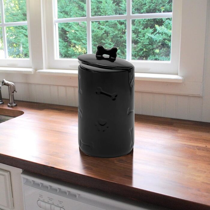 Керобниця для собачих ласощів, керамічна, 22,9 x 12,7 см, велика, з кришкою, у стилі фермерського дому, чорна, для собак та котів