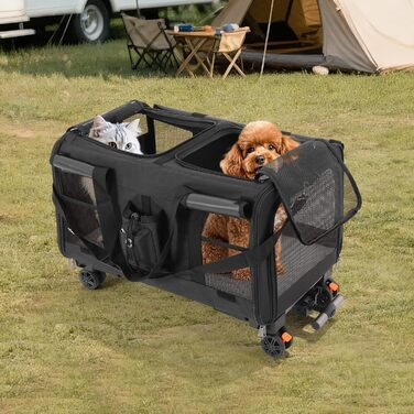 Транспортна переноска для котів та собак Apriltop з двома відділеннями та колесами, 60x40x45 см, чорна