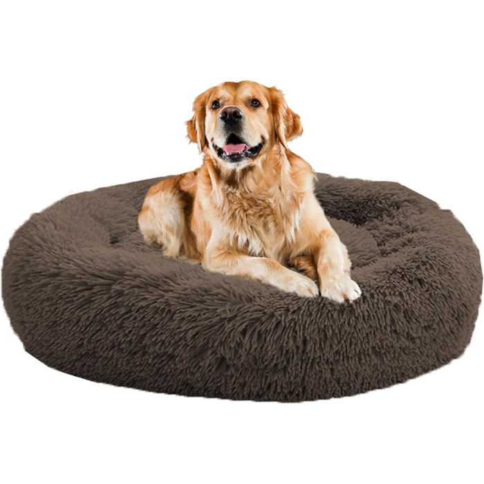 Заспокійливе ліжко для цуценят у вигляді пончика, для дому, цуценята, кругле, плюшеве, миється, собаче ліжко-софа, ліжко, подушка для домашніх тварин для маленьких/середніх собак, котів, собачий кошик, 80 см, (130 см/51 дюйм, колір кава)