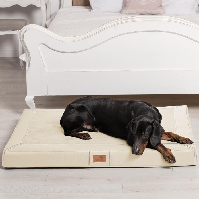 Ортопедичний лежак для собак Tierlando® Oscar VIP з екошкіри та велюру з віскоеластичною піною, антипрослизаючою основою, 100x80 см, колір: кремовий