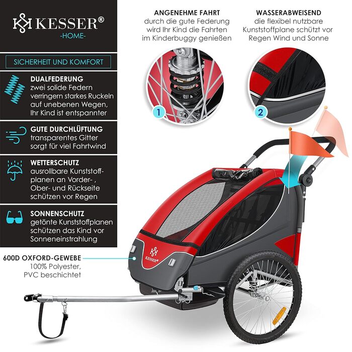 Дитячий причіп KESSER® 2в1 для велосипеда з поворотним з'єднанням 360° та амортизацією. Підходить для 1-2 дітей (до 40 кг), з 5-точковим ременем безпеки та прапором.