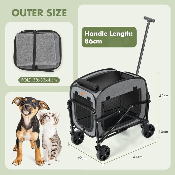 Транспортер для собак на колесах, велика візок для собак та котів до 18 кг (сірий, чорний)