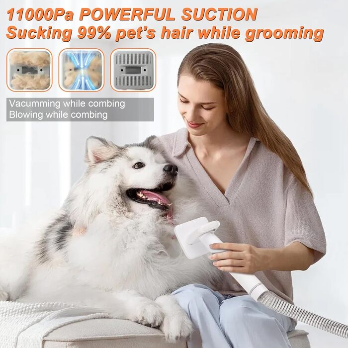 Машина для стрижки собак з пилососом, тиха, для собак та котів. Комплект з 10 інструментів для догляду, контейнер для сміття 2.0 л