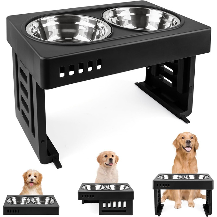 Підвищений годівниця для собак та котів 2-в-1, 4 регульовані висоти, підставка Anti-Slip з нержавіючою чашею, чорний (44 x 27,5 x 7 см)